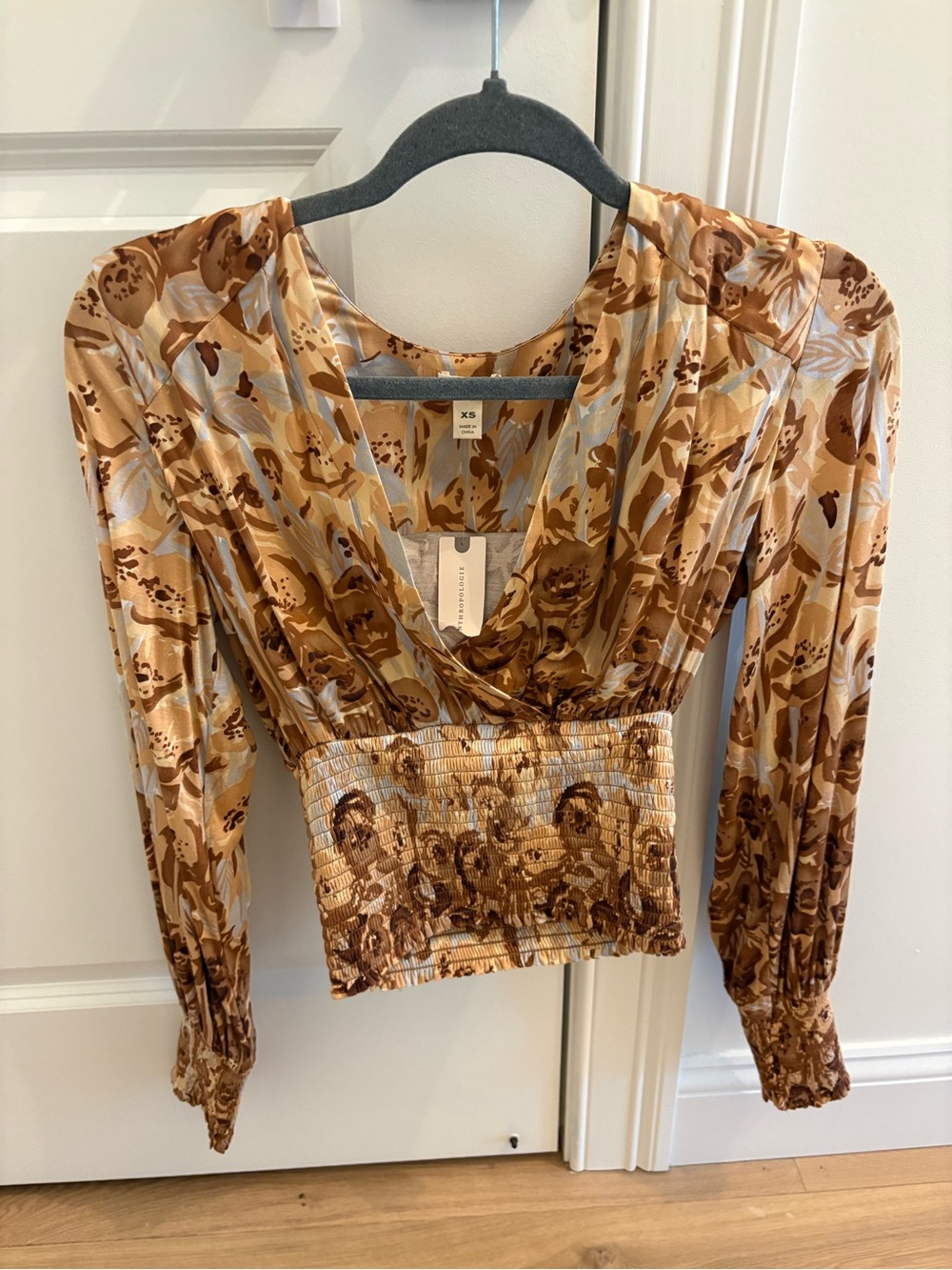 Anthropologie Brown FloralBlouse with Smocked Waist